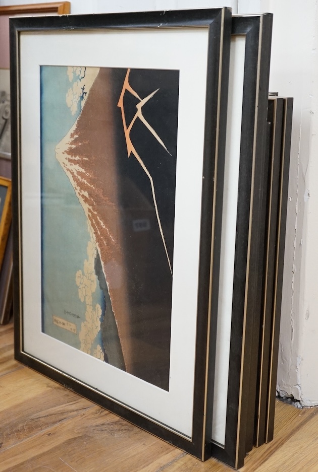 A set of ten Japanese woodblock prints to include ‘Great wave off the coast of Kanagawa’, ‘Fishermen at Kajikazawa’ and ‘Evening shower’, largest 25 x 36cm. Condition - fair
